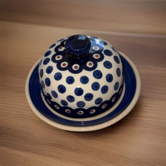 Boleblawiec Hand Made Polish Art Pottery Cheese Dish with Lid Blue White - Picture 2 of 10